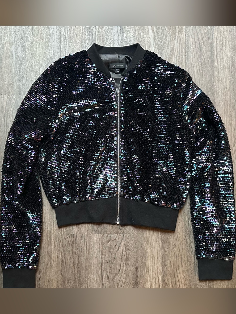 Solemio Black Bomber Jacket with Colorful Sequins - Size Medium EUC - Festival